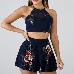 LAST- Navy Floral High Waist Shorts with Crop Top Set